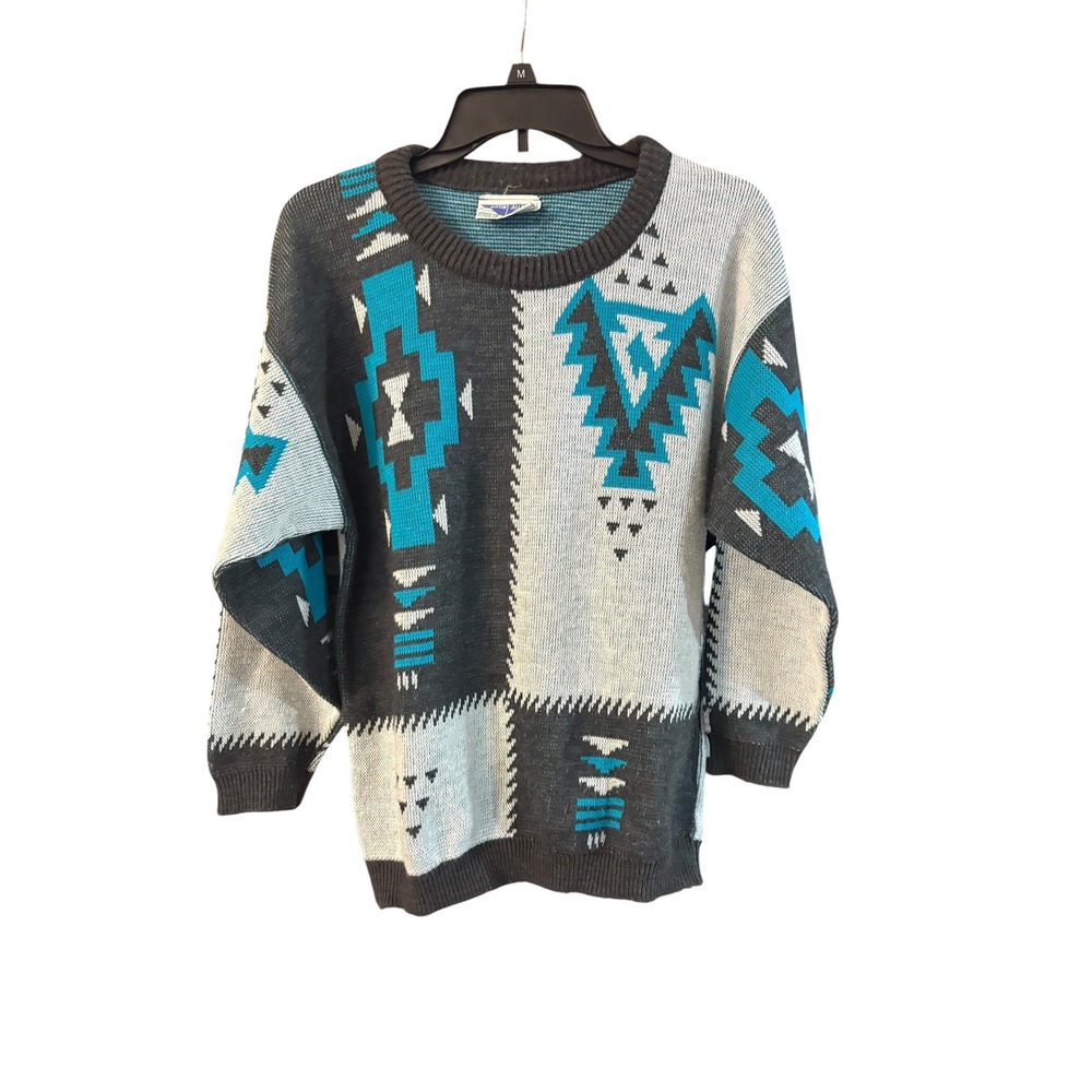 Vintage Justin Allen Southwestern Geometric Knit Sweater Teal Grey Mens Medium